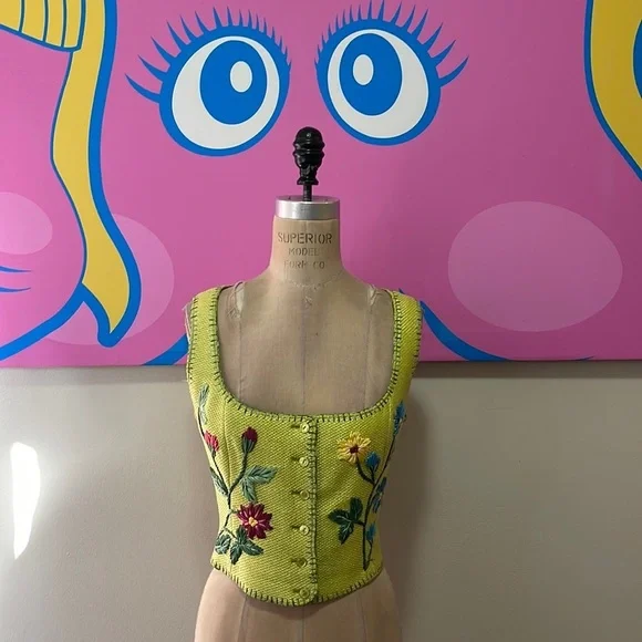 Moschino Green Jute Embroidered Flower Vest Bustier - Picture 1 of 13